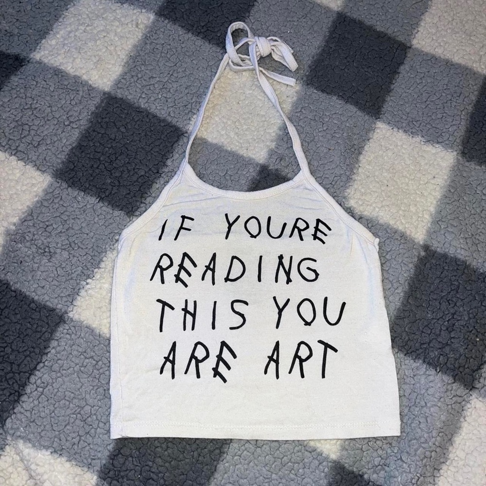 O mighty white halter cropped top with drake inspired text